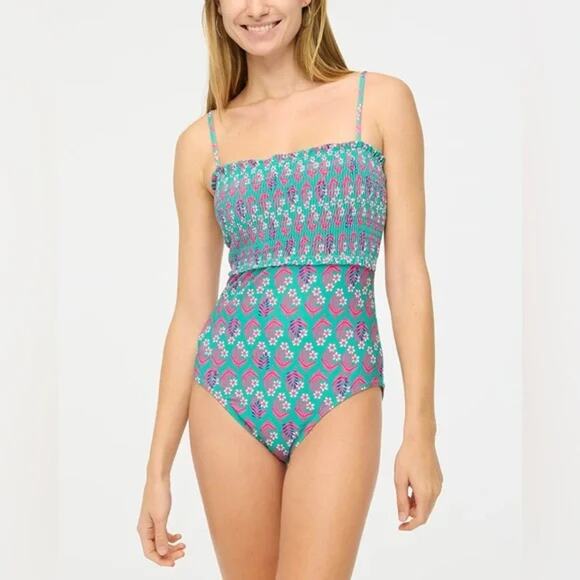J. Crew Smocked Ella One Piece Swimsuit Resort Vacation Regal Rose Small - Picture 1 of 7